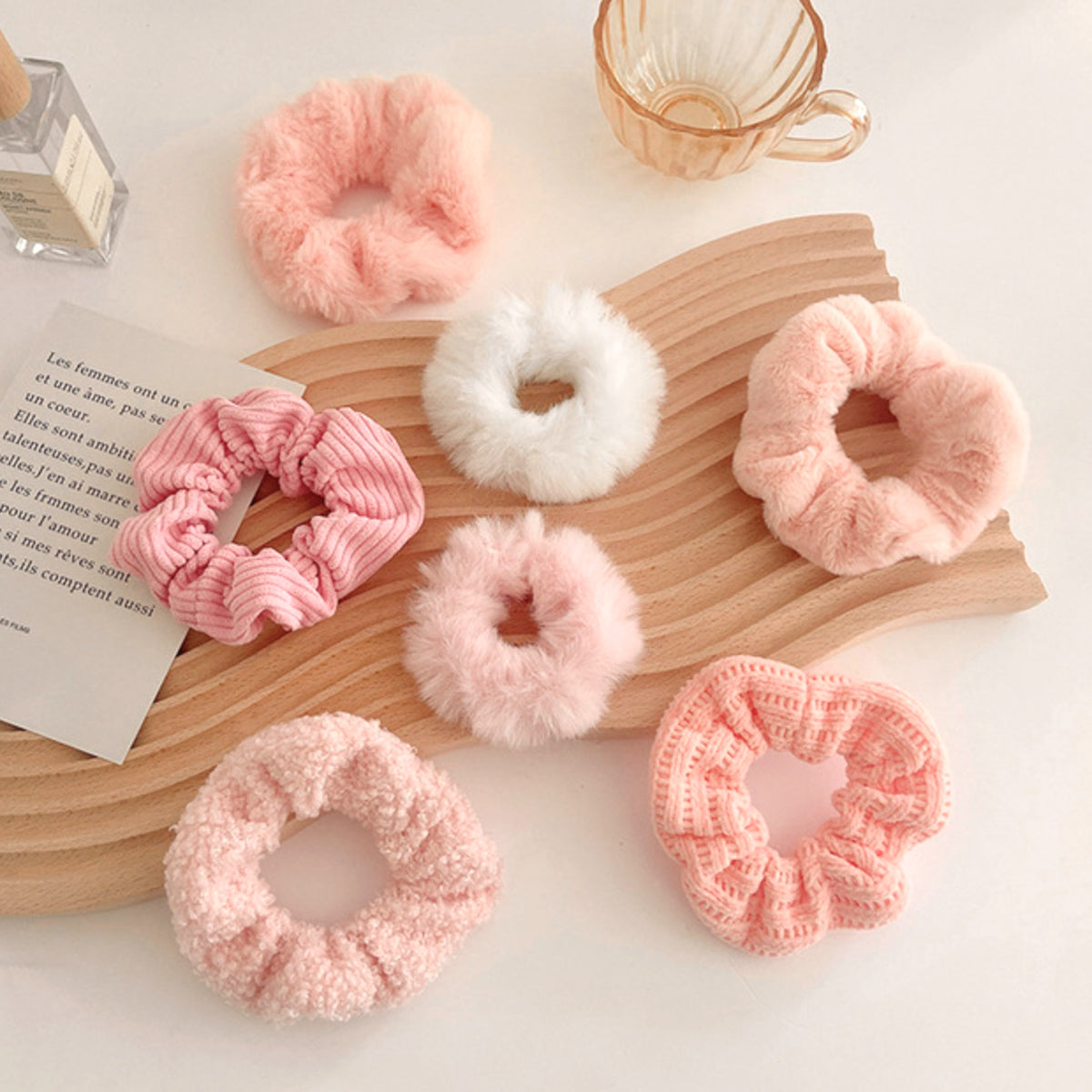 Pretty In Pink Plush Scrunchies - Set of 7