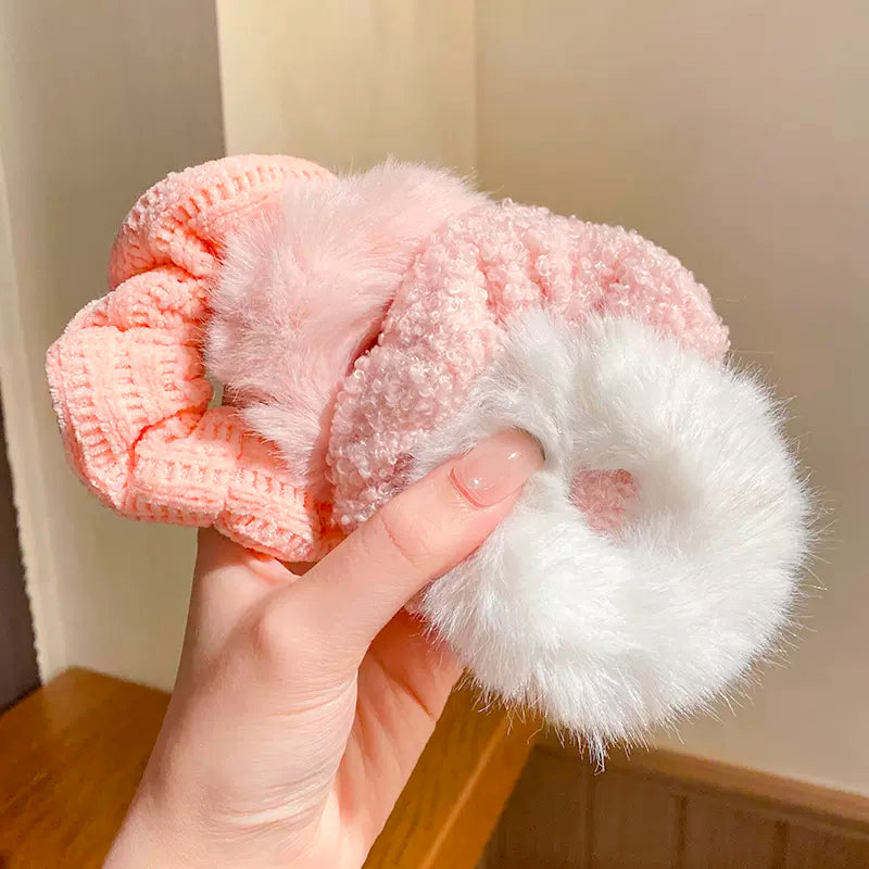 Pretty In Pink Plush Scrunchies - Set of 7