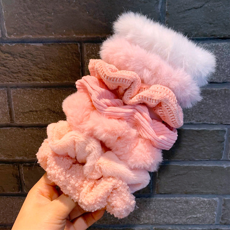 Pretty In Pink Plush Scrunchies - Set of 7
