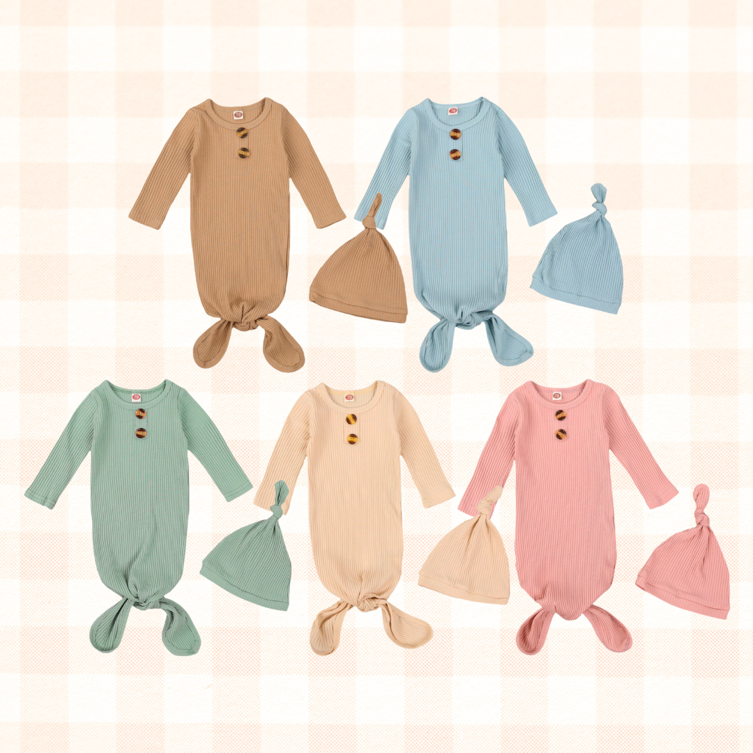 Finley Ribbed Long Sleeve Knotted Baby Gown & Hat Set
