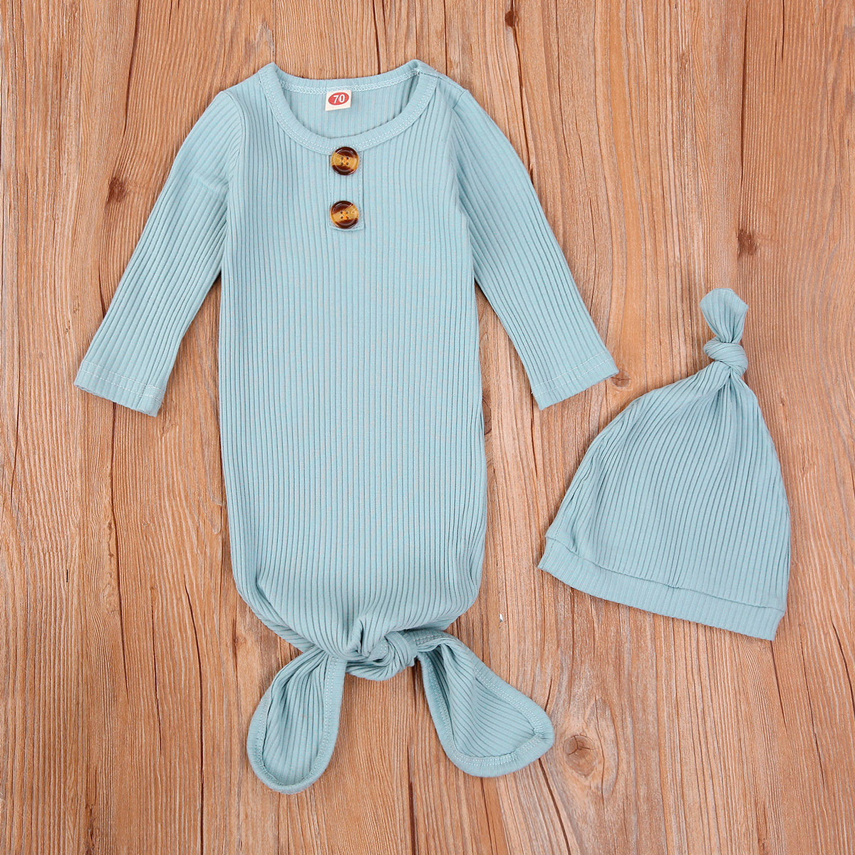 Finley Ribbed Long Sleeve Knotted Baby Gown & Hat Set