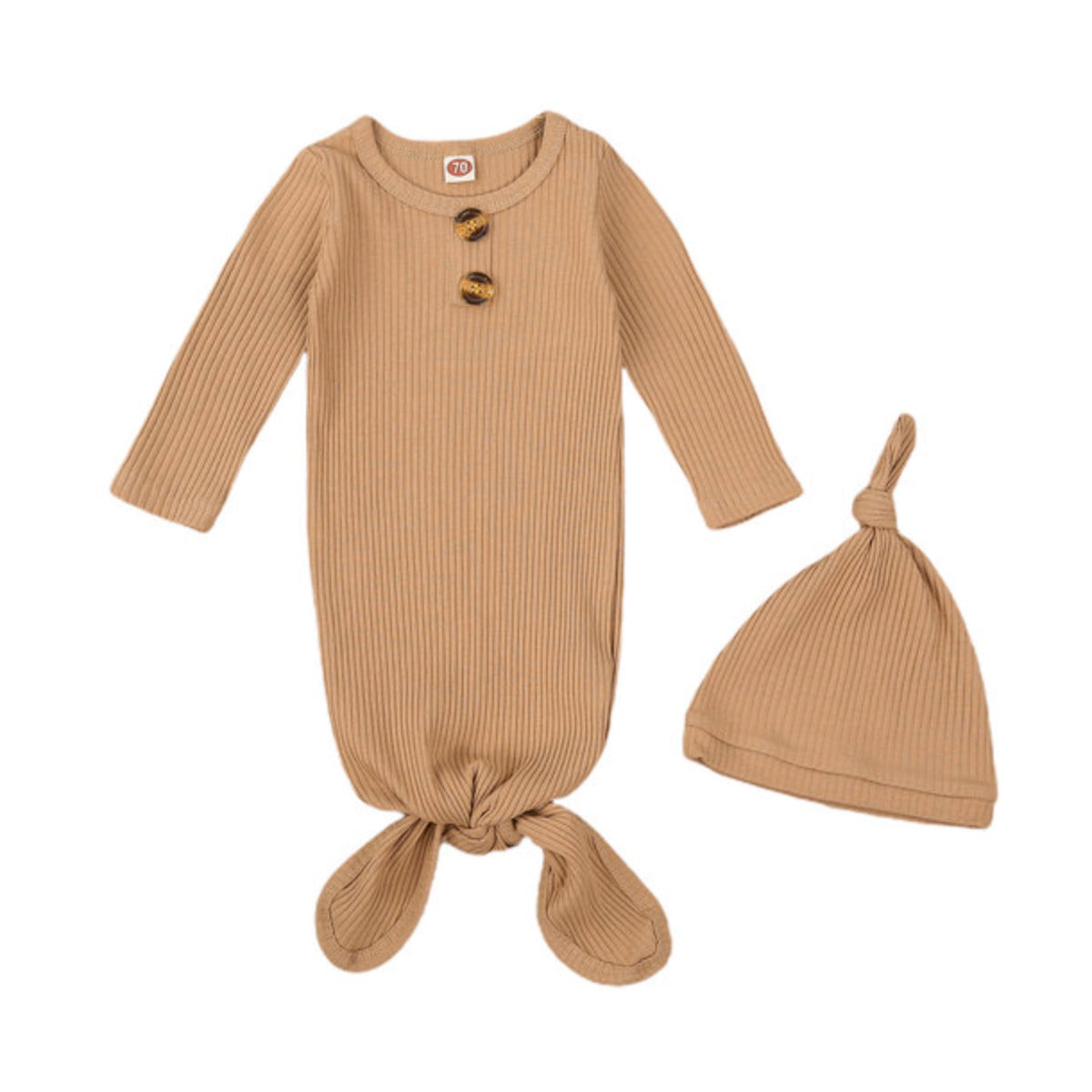 Finley Ribbed Long Sleeve Knotted Baby Gown & Hat Set