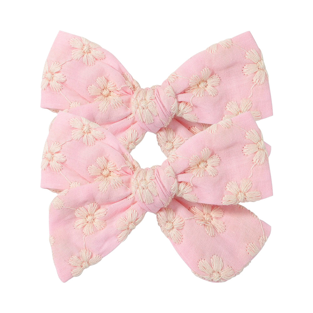 Sadie Flower Embroidery Bow Hair Clips - Set of 2