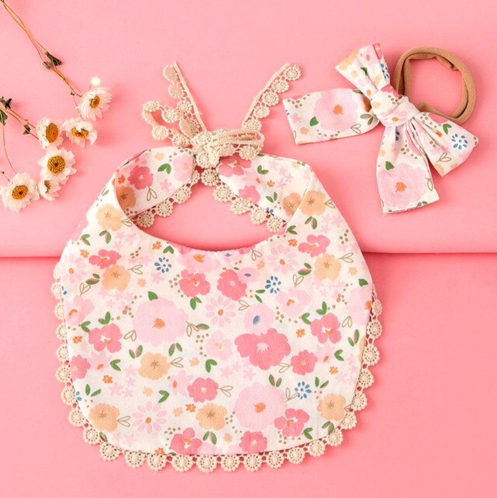 Clara Vintage Lace Bib & Bow Headband Set