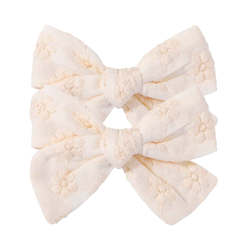 Sadie Flower Embroidery Bow Hair Clips - Set of 2