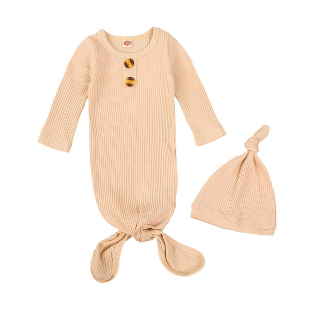 Finley Ribbed Long Sleeve Knotted Baby Gown & Hat Set
