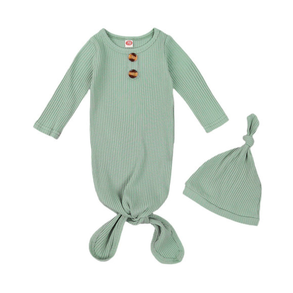 Finley Ribbed Long Sleeve Knotted Baby Gown & Hat Set