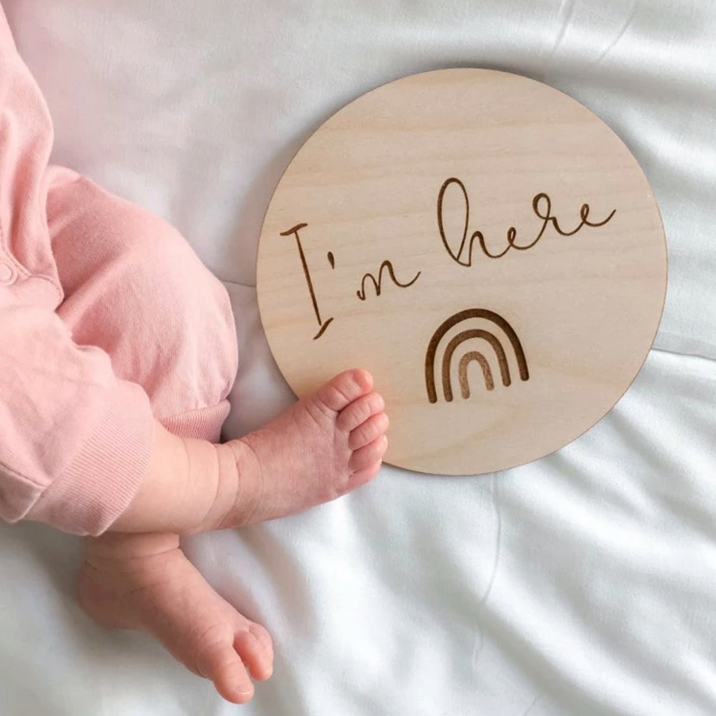 I'm Here Rainbow Wooden New Baby/Birth Announcement Disc