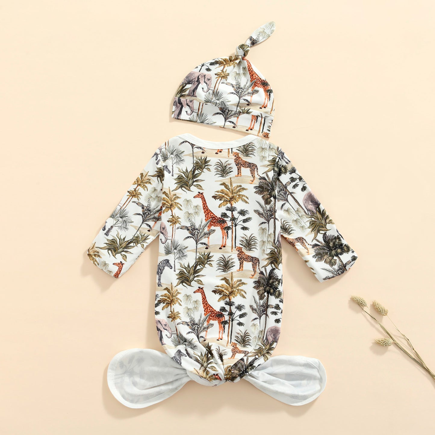 Jungle Safari Long Sleeve Knotted Baby Gown & Hat Set