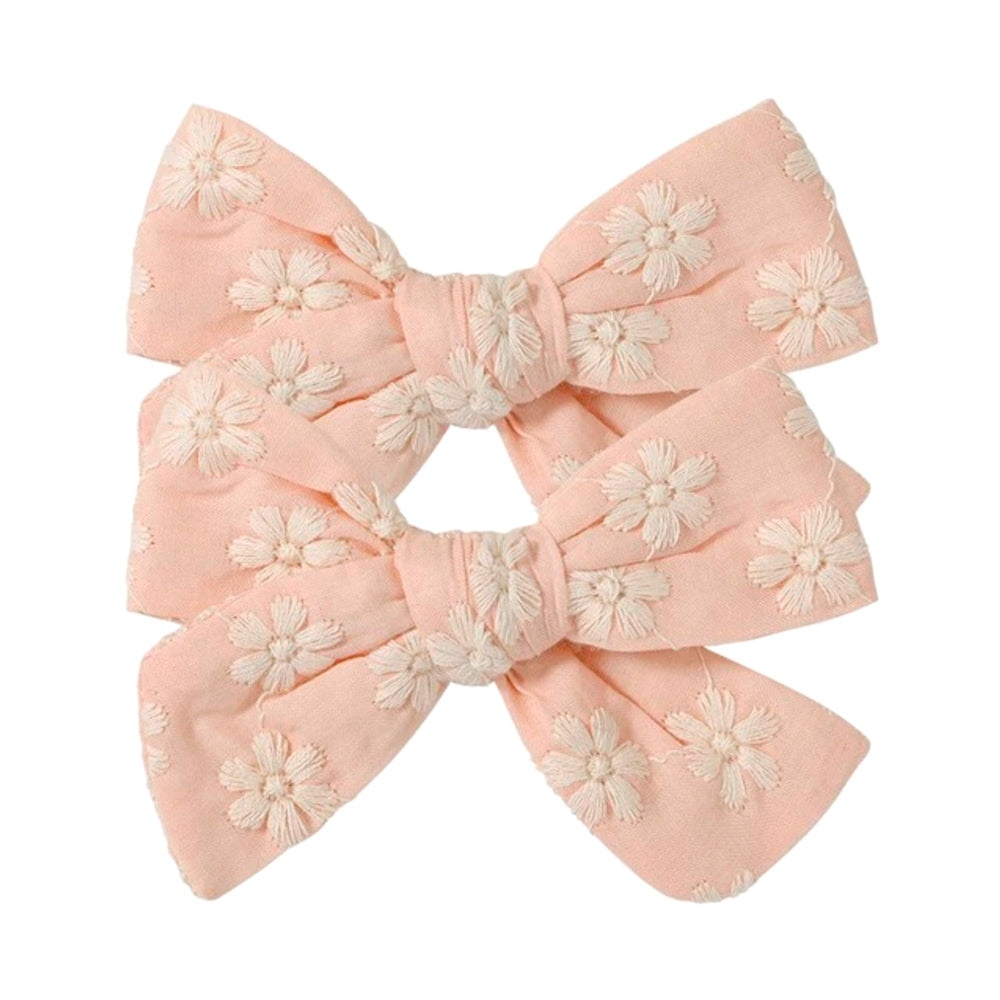 Sadie Flower Embroidery Bow Hair Clips - Set of 2