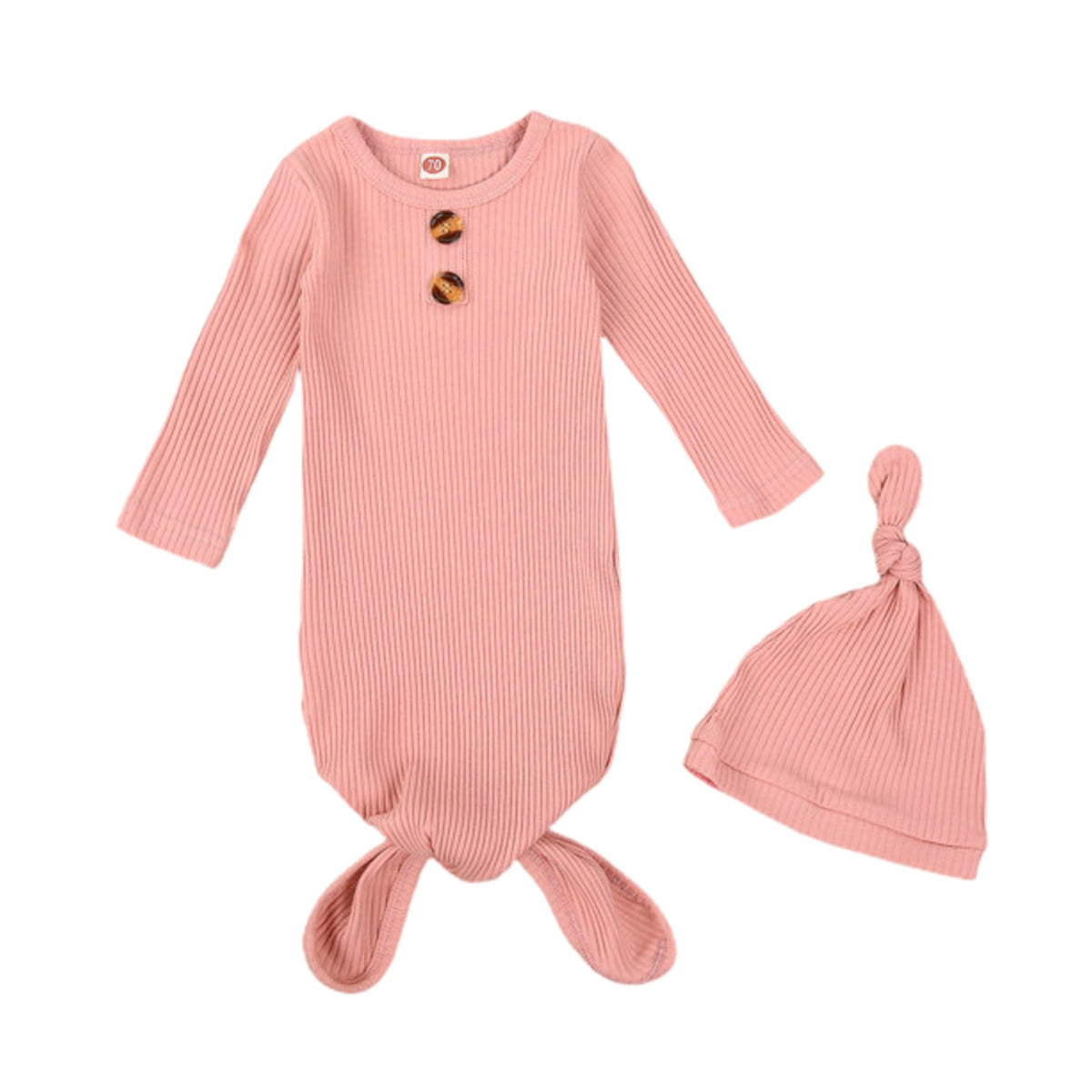 Finley Ribbed Long Sleeve Knotted Baby Gown & Hat Set
