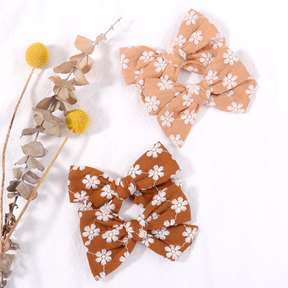 Sadie Flower Embroidery Bow Hair Clips - Set of 2
