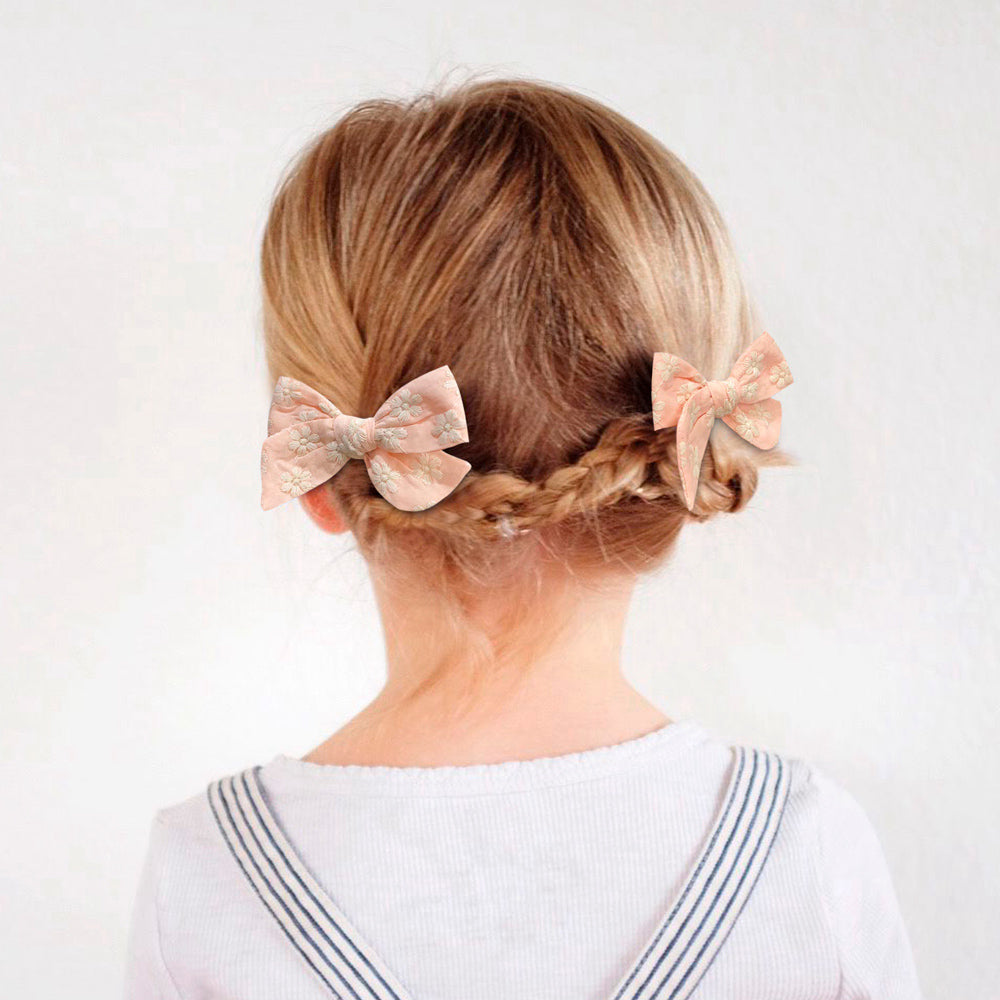 Sadie Flower Embroidery Bow Hair Clips - Set of 2