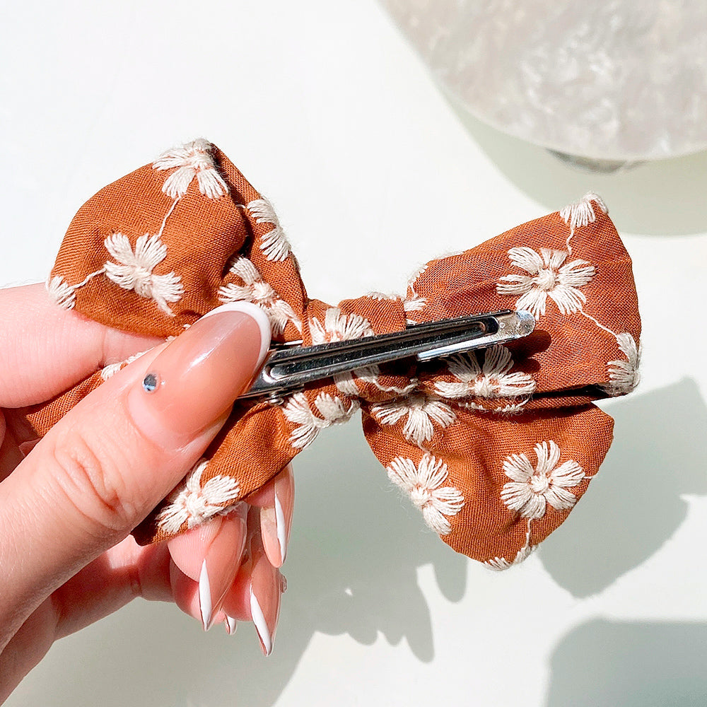 Sadie Flower Embroidery Bow Hair Clips - Set of 2