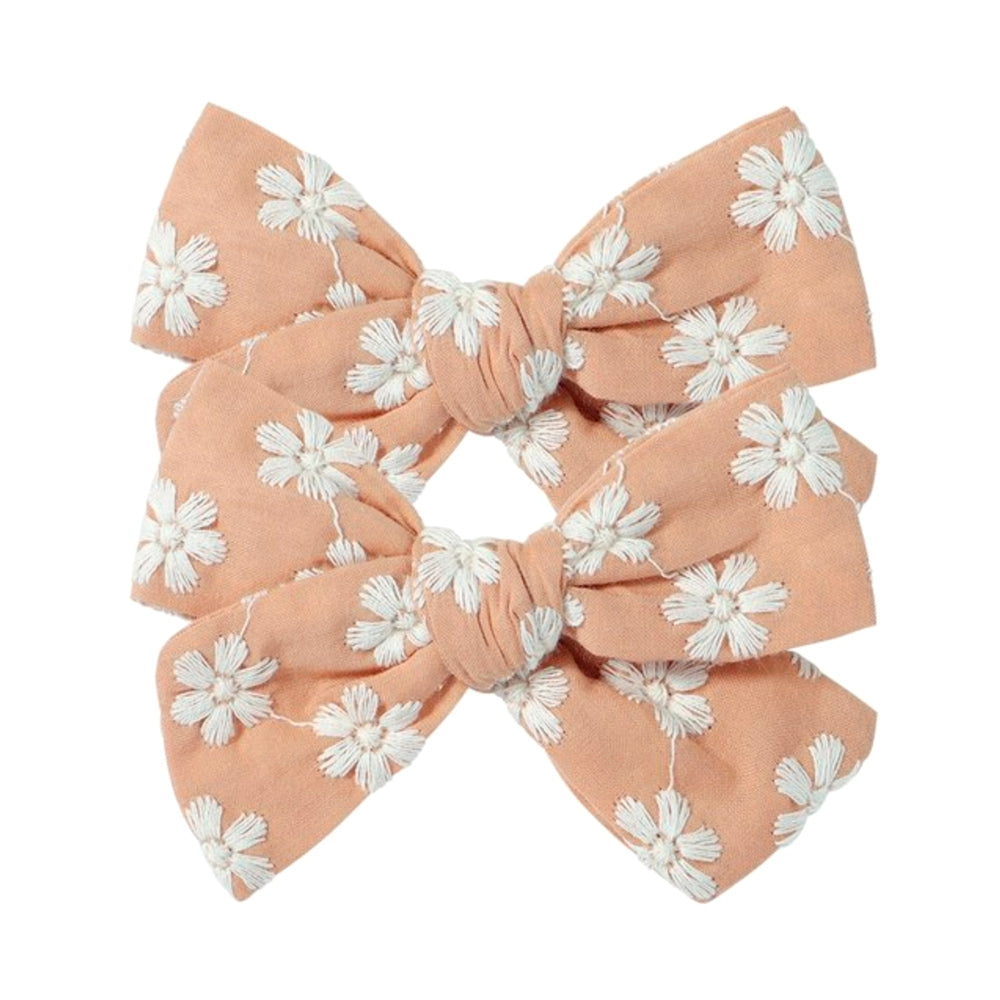 Sadie Flower Embroidery Bow Hair Clips - Set of 2