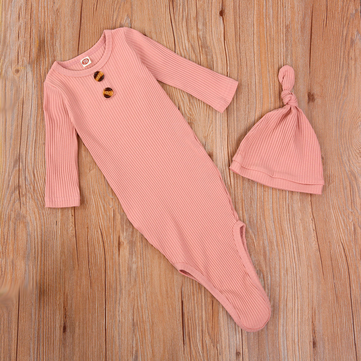 Finley Ribbed Long Sleeve Knotted Baby Gown & Hat Set