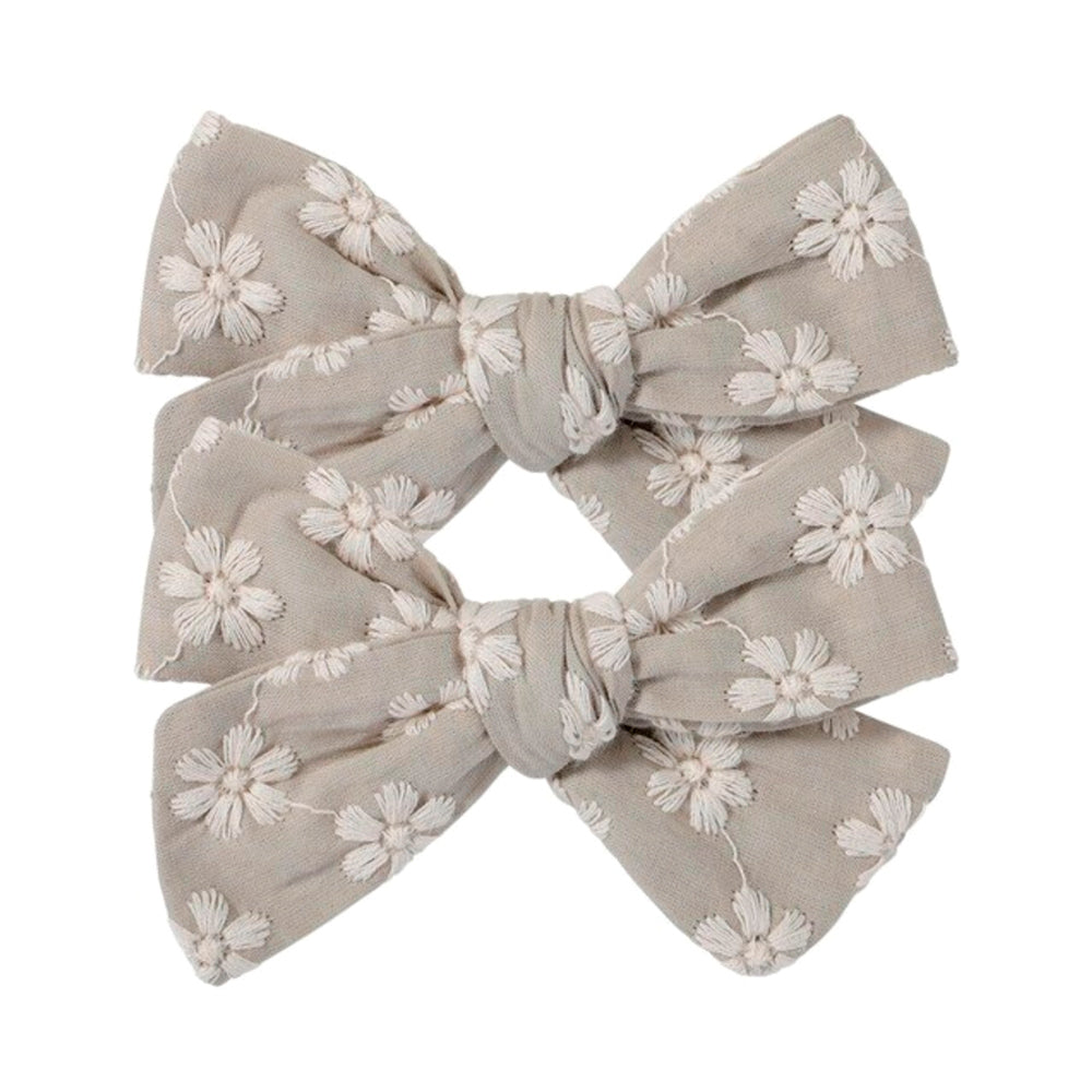 Sadie Flower Embroidery Bow Hair Clips - Set of 2