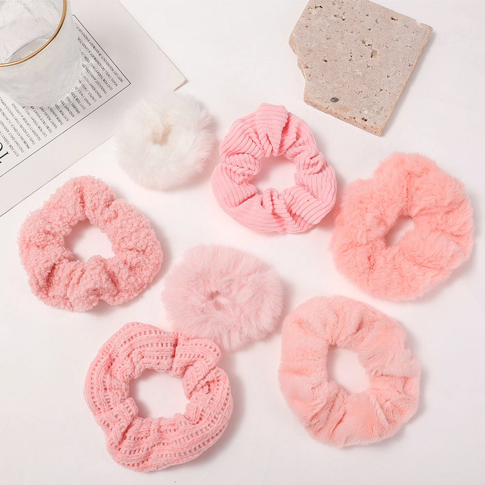 Pretty In Pink Plush Scrunchies - Set of 7