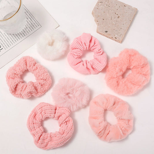 Pretty In Pink Plush Scrunchies - Set of 7