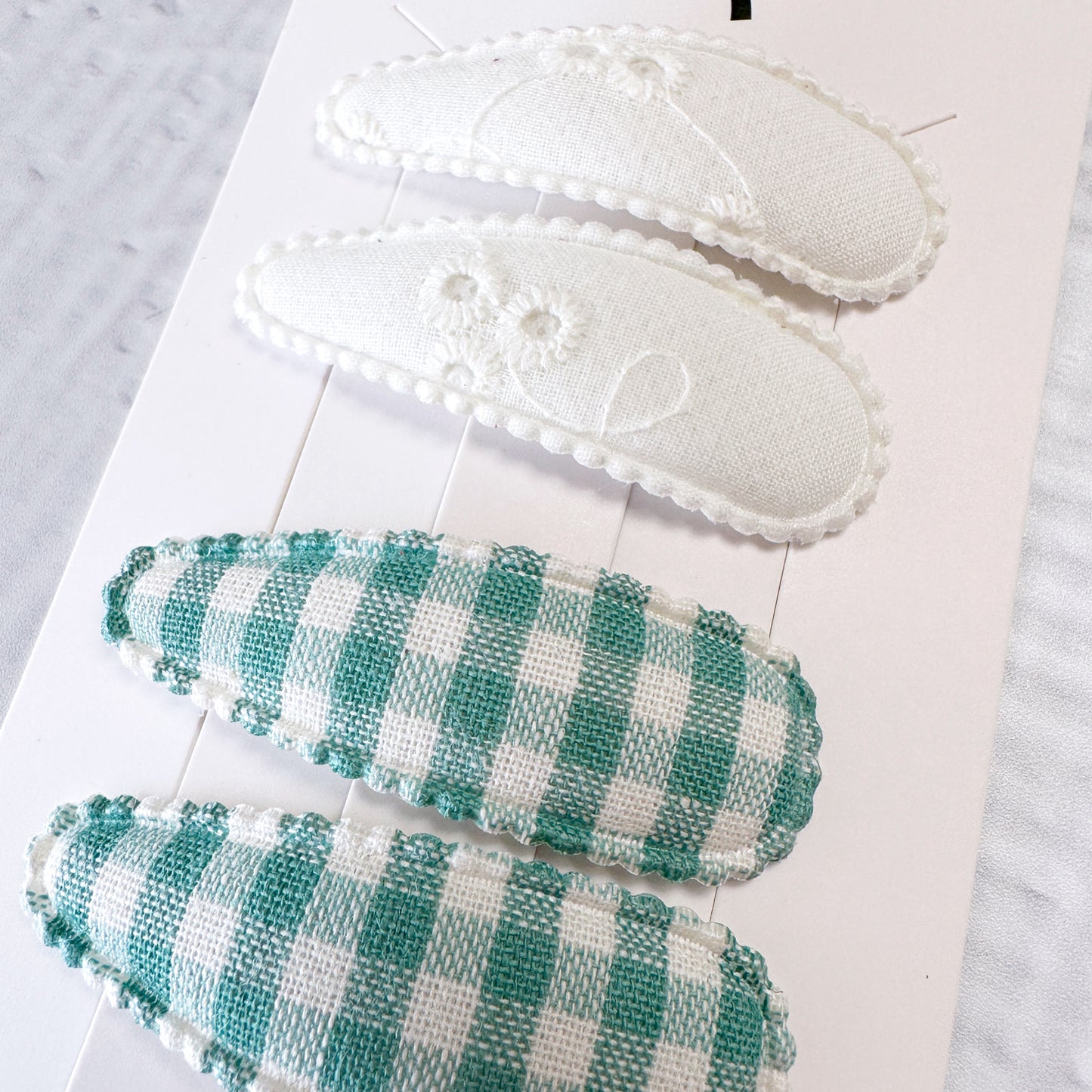 Dorothy Vintage Fabric Snap Hair Clips - Set of 6 - Teal & White