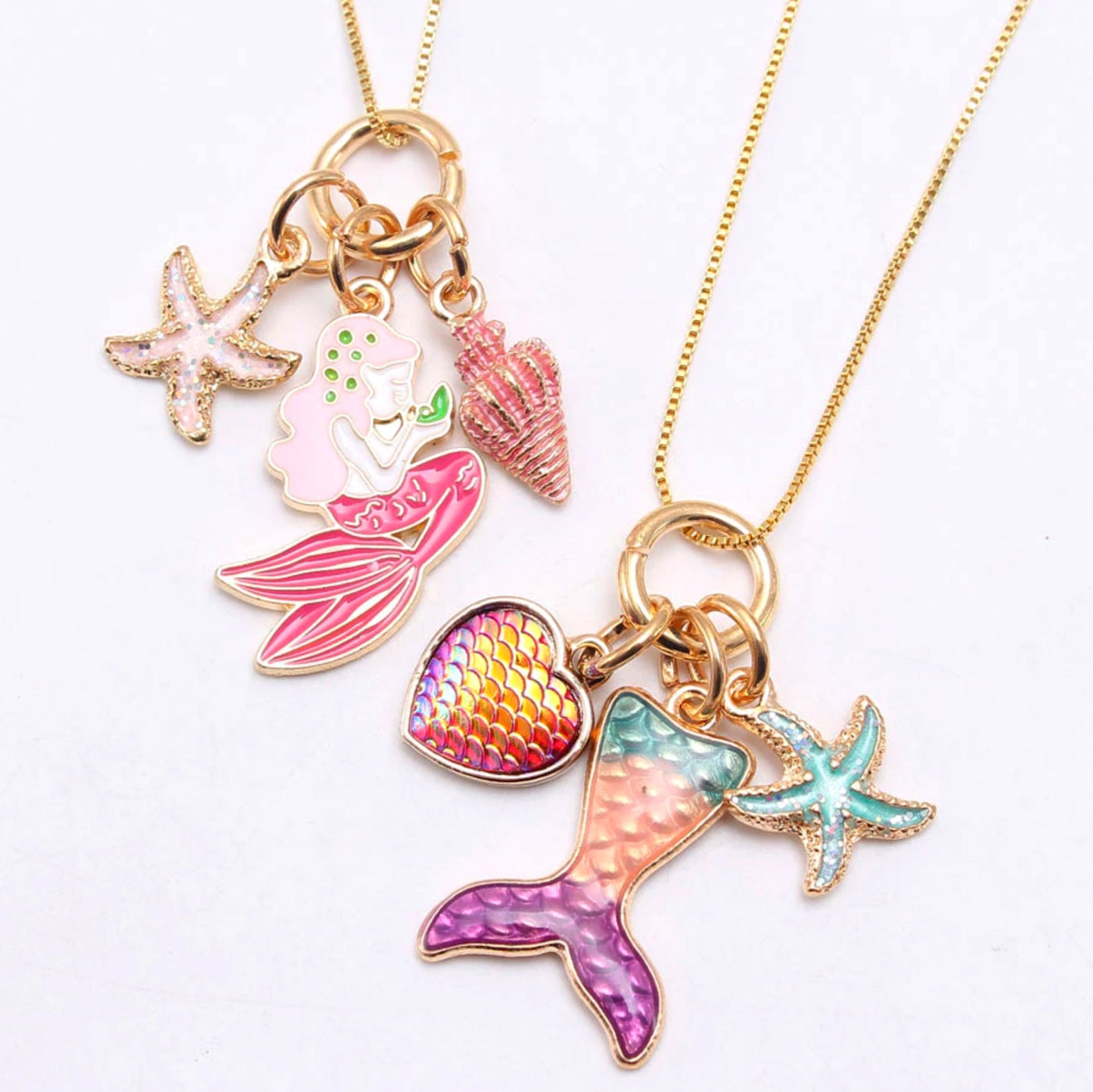 Under The Sea Mermaid Gold Charm Necklace - Pink Mermaid Goddess