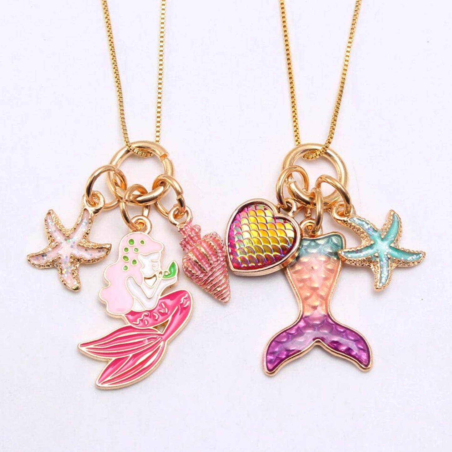 Under The Sea Mermaid Gold Charm Necklace - Pink Mermaid Goddess