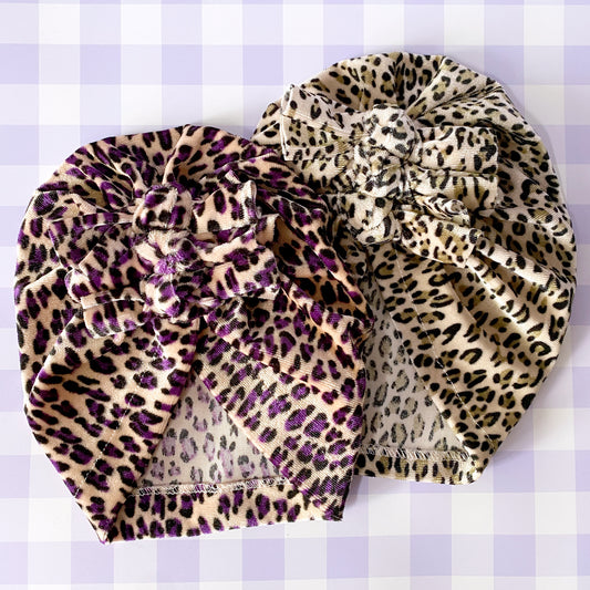 Gwendolyn Velvet Leopard Triple Knot Baby Turban