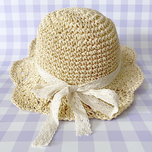 Bonnie Straw Hat with Lace Bow - Beige