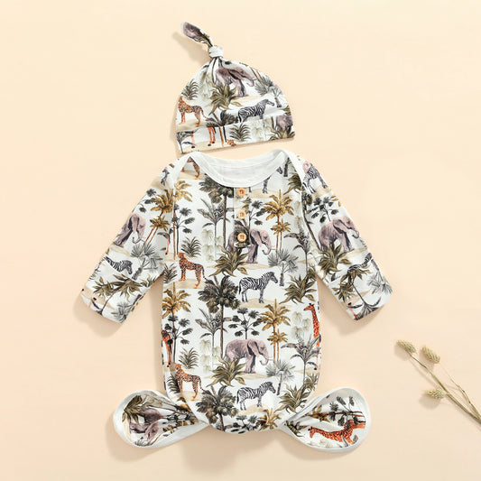 Jungle Safari Long Sleeve Knotted Baby Gown & Hat Set