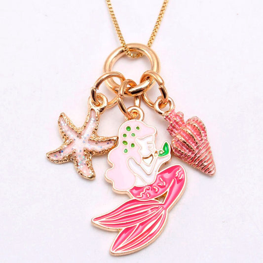 Under The Sea Mermaid Gold Charm Necklace - Pink Mermaid Goddess