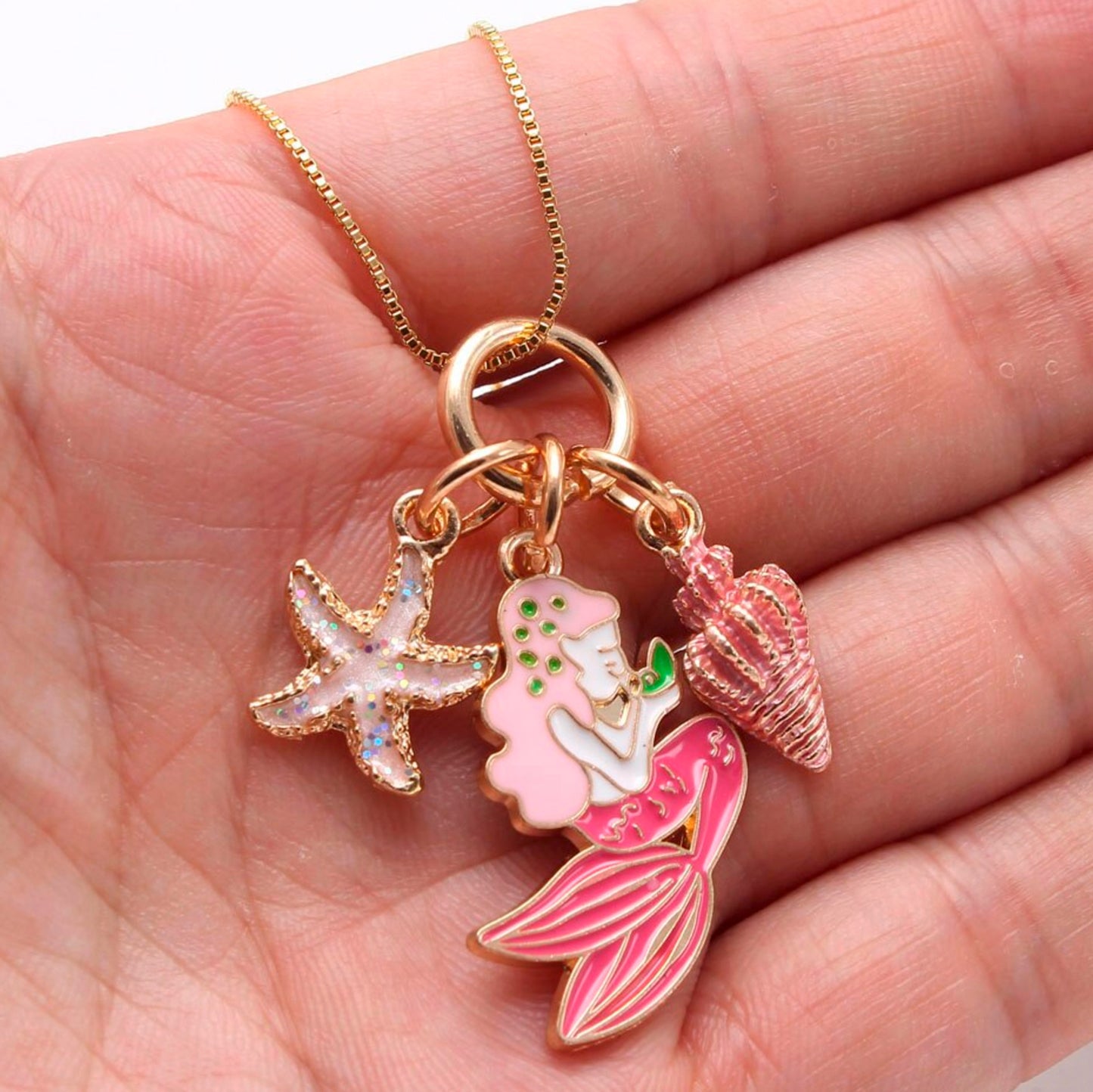 Under The Sea Mermaid Gold Charm Necklace - Pink Mermaid Goddess