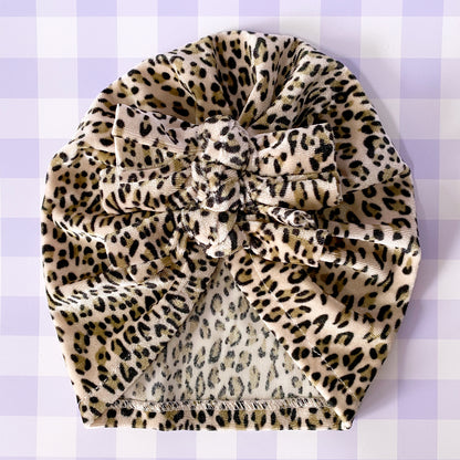 Gwendolyn Velvet Leopard Triple Knot Baby Turban