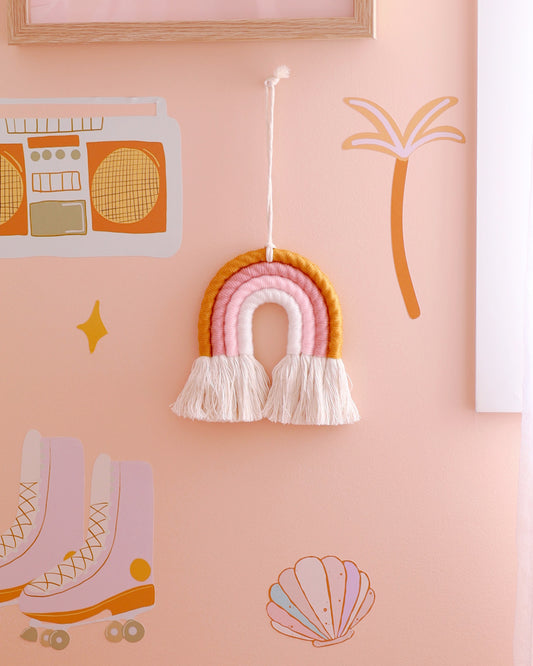 Boho Rainbow Macrame Wall Hanging - Gold & Pink