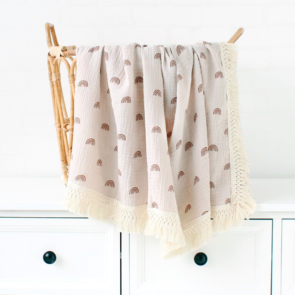 Boho Fringe Muslin Baby Swaddle - Taupe Rainbows