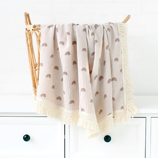 Boho Fringe Muslin Baby Swaddle - Taupe Rainbows