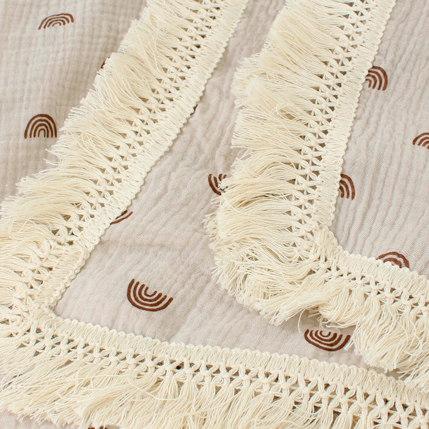 Boho Fringe Muslin Baby Swaddle - Taupe Rainbows