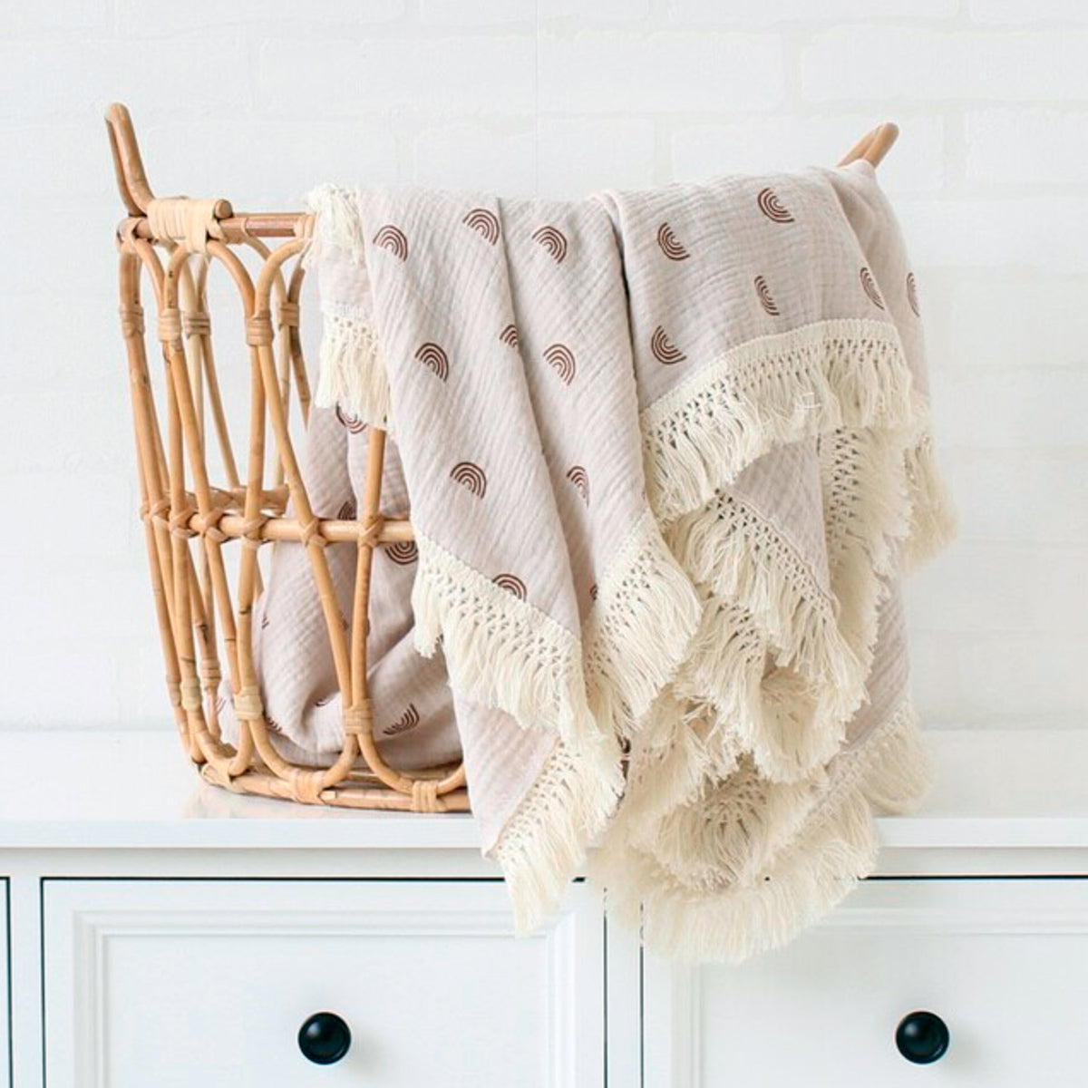 Boho Fringe Muslin Baby Swaddle - Taupe Rainbows