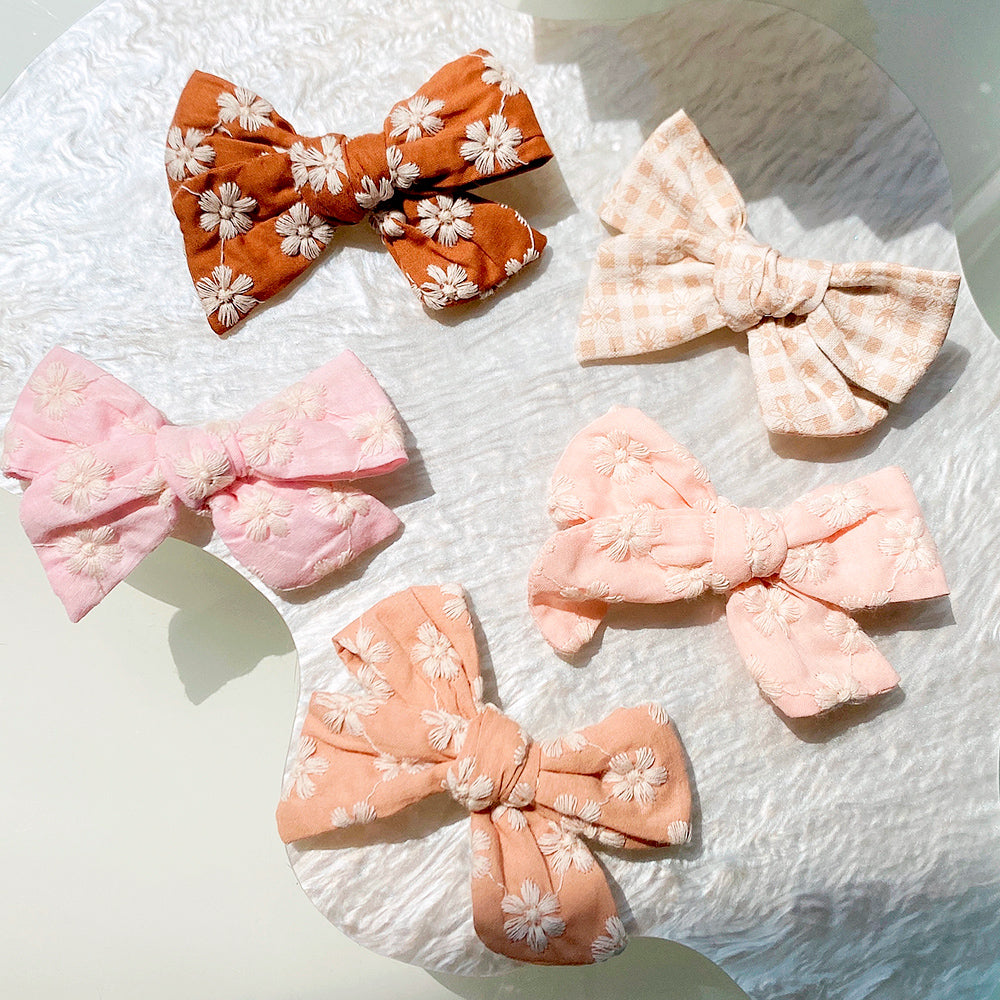 Sadie Flower Embroidery Bow Hair Clips - Set of 2