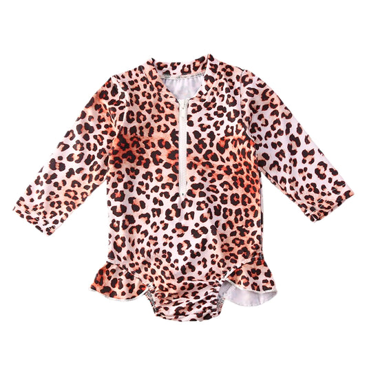 Savannah Long Sleeve Zipper Leopard Print Girls Swimsuit