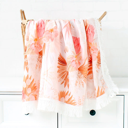 Boho Fringe Muslin Baby Swaddle - Sunset Tropics